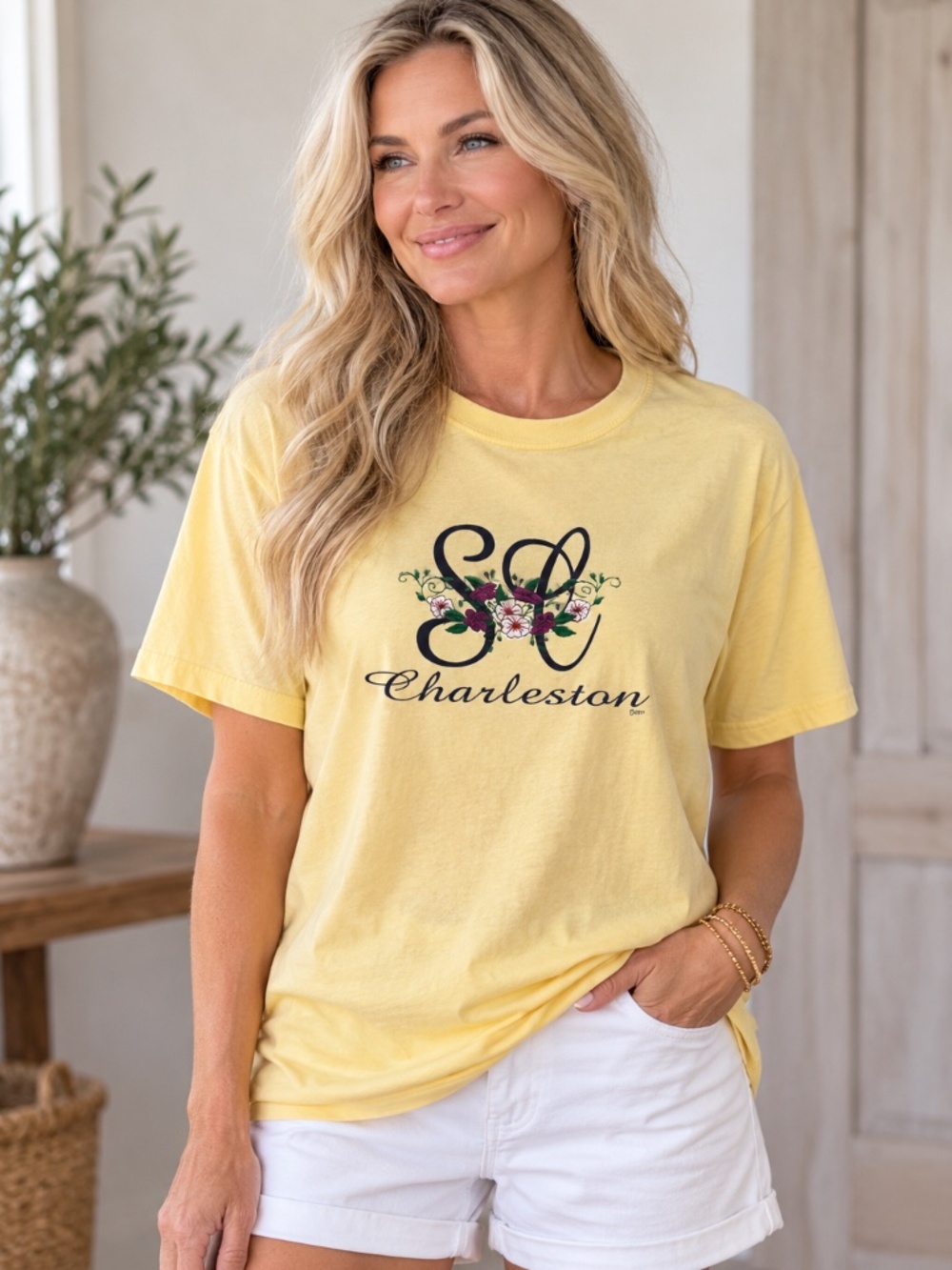 Anvil Charleston SC Floral Monogram Yellow Graphic T-Shirt